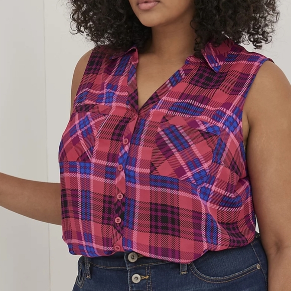 Torrid Preppy Girly Office Madison Georgette Pink Plaid Sleeveless Blouse Size 1 - Picture 1 of 7